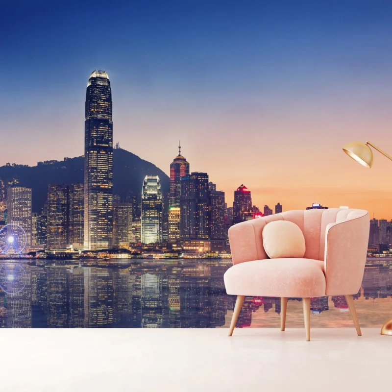 Fototapete Hongkong panorama bei dämmerung – Wallnifity® Fototapete Hongkong panorama bei dämmerung – Wallnifity®