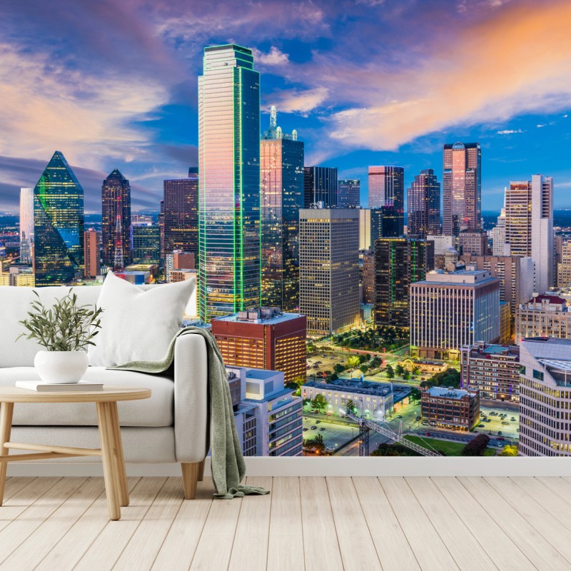 Fototapete Dallas skyline bei sonnenuntergang – Wallnifity® Fototapete Dallas skyline bei sonnenuntergang – Wallnifity®