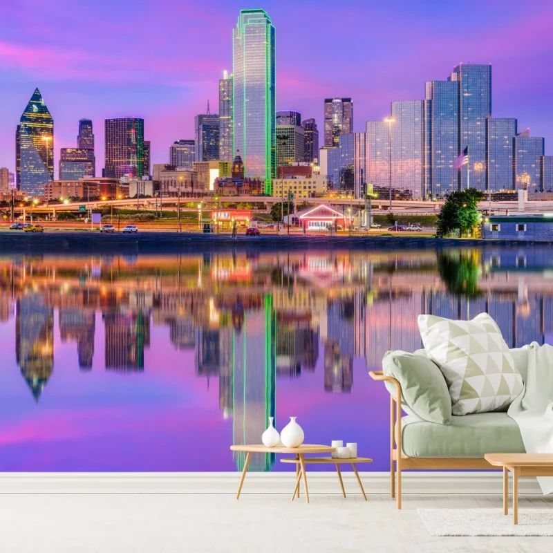 Fototapete Dallas skyline im violetten abendlicht – Wallnifity® Fototapete Dallas skyline im violetten abendlicht – Wallnifity®