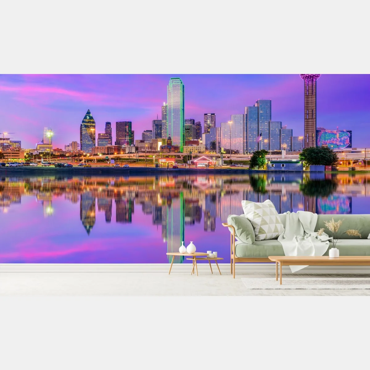 Fototapete Dallas skyline im violetten abendlicht – Wallnifity® Fototapete Dallas skyline im violetten abendlicht – Wallnifity®