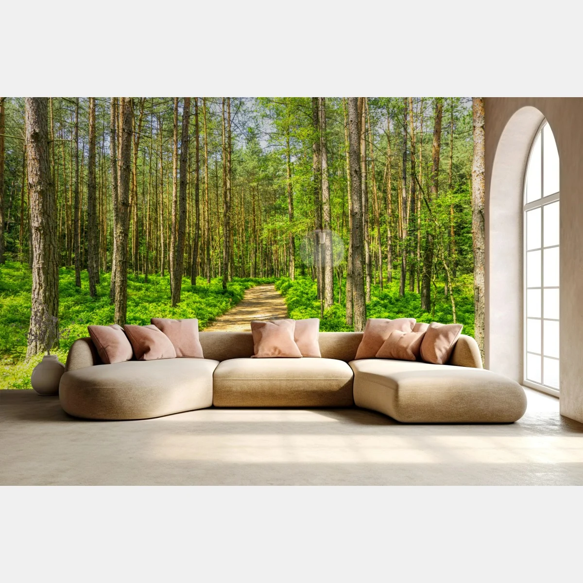 Fototapete sonniger waldweg zwischen kiefern – Wallnifity® Fototapete sonniger waldweg zwischen kiefern – Wallnifity®