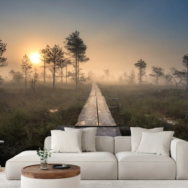 Fototapete nebliger sonnenaufgang über dem holzsteg – Wallnifity® Fototapete nebliger sonnenaufgang über dem holzsteg – Wallnifity®