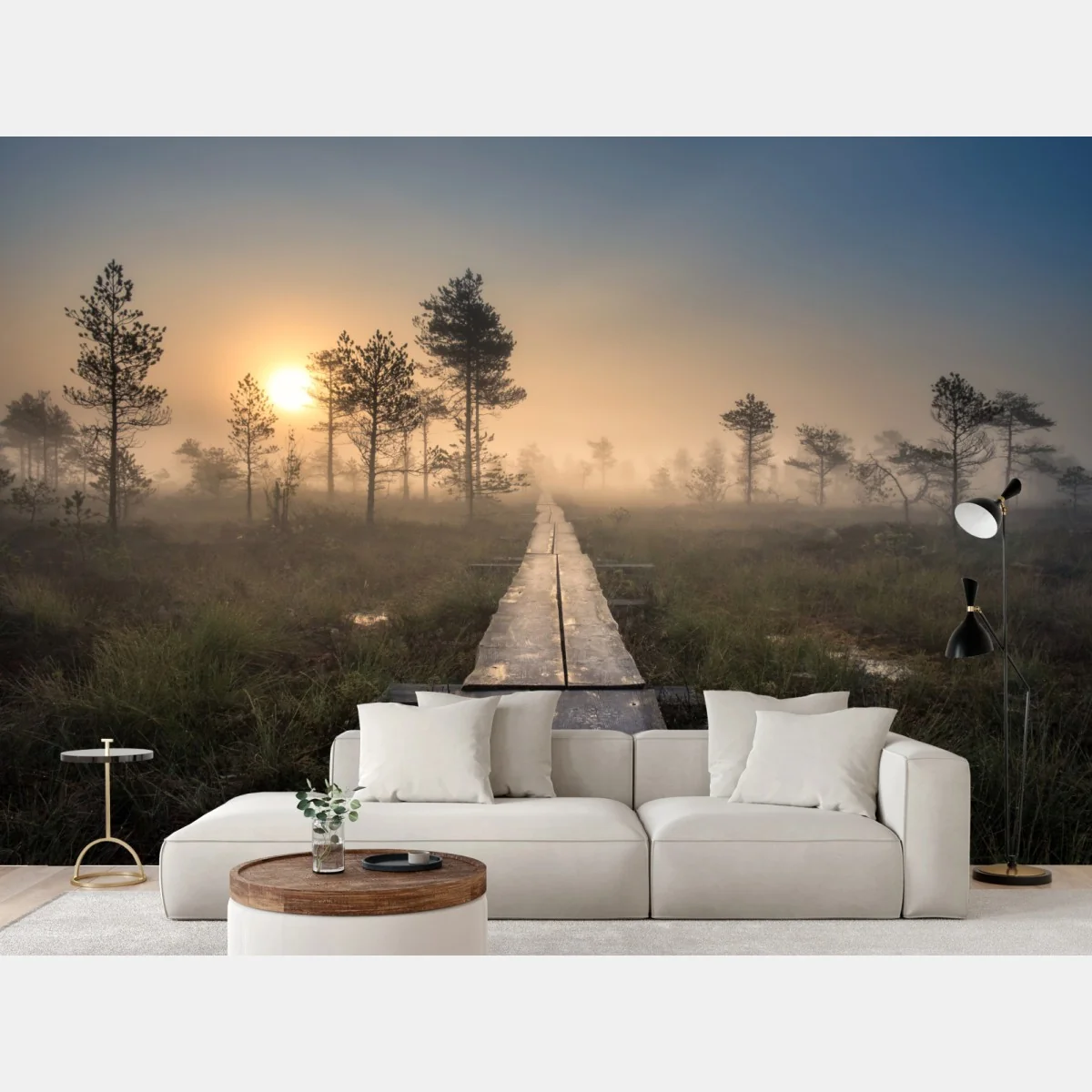 Fototapete nebliger sonnenaufgang über dem holzsteg – Wallnifity® Fototapete nebliger sonnenaufgang über dem holzsteg – Wallnifity®