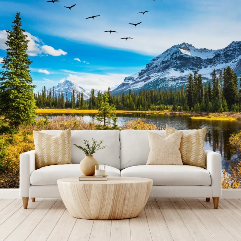 Fototapete herbstlicher bergsee mit vögeln – Wallnifity®