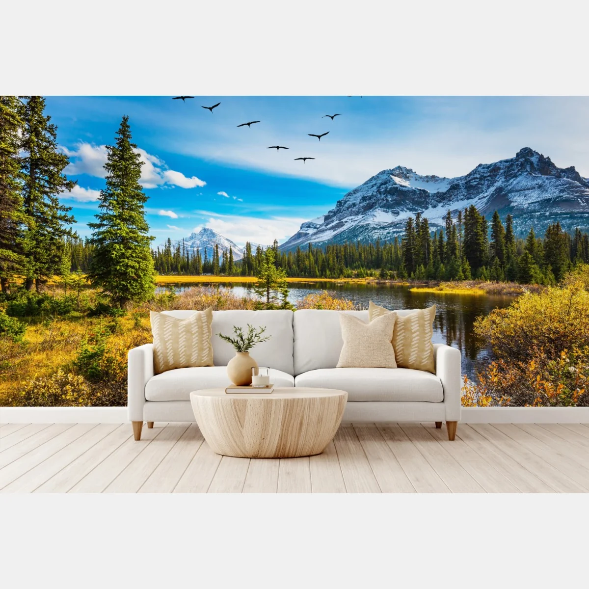 Fototapete herbstlicher bergsee mit vögeln – Wallnifity®