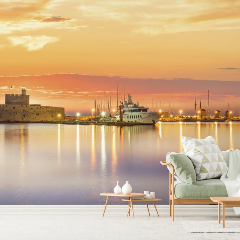 Fototapete festung Agios Nikolaos im Hafen Mandraki, Rhodos