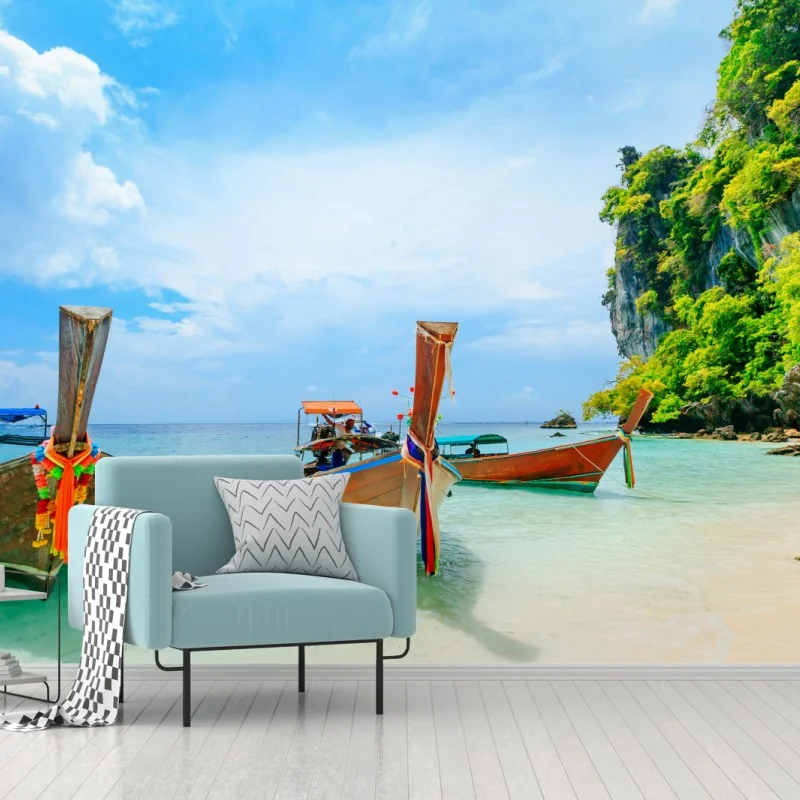 Fototapete longtail-boote am türkisfarbenen strand von Phuket – Wallnifity® Fototapete longtail-boote am türkisfarbenen strand von Phuket – Wallnifity®