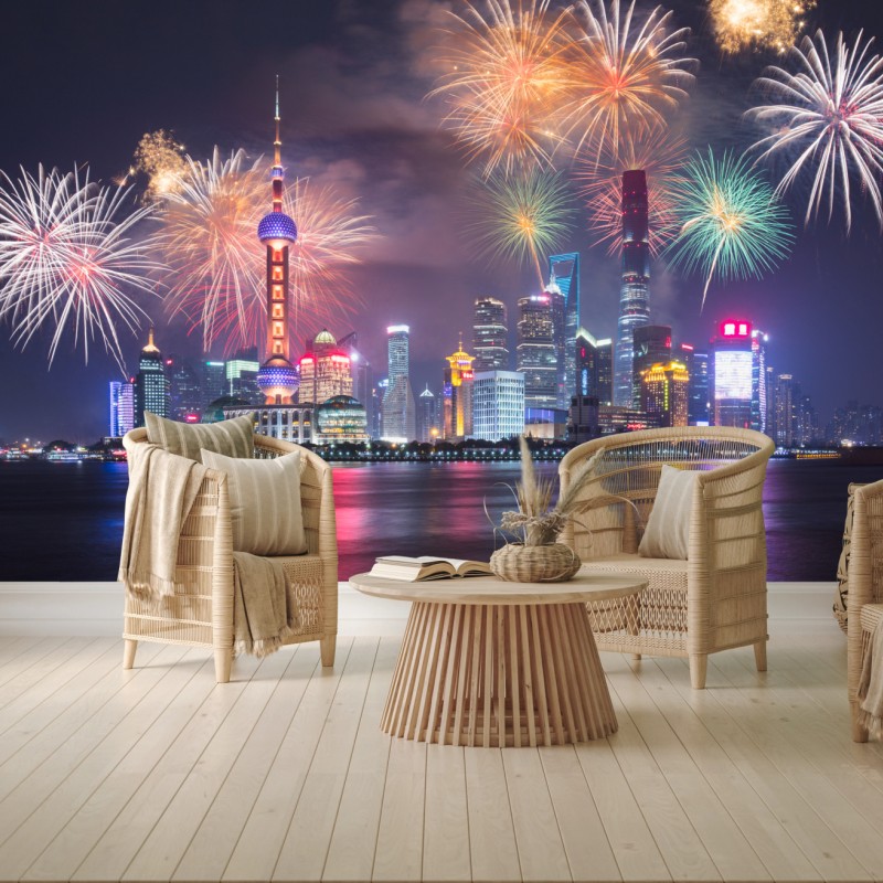 Fototapete Shanghai skyline mit feuerwerk über dem Huangpu – Wallnifity® Fototapete Shanghai skyline mit feuerwerk über dem Huangpu – Wallnifity®