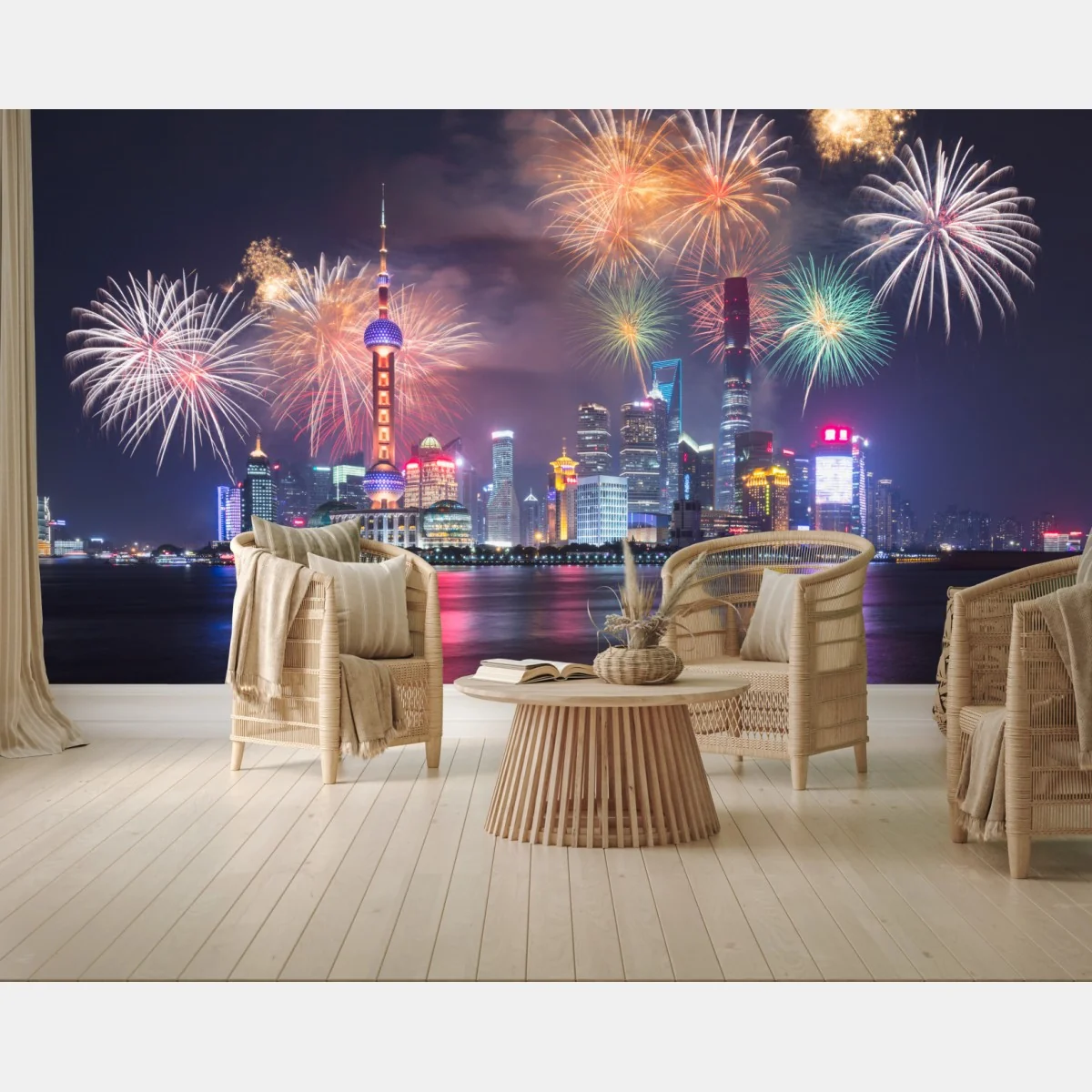 Fototapete Shanghai skyline mit feuerwerk über dem Huangpu – Wallnifity® Fototapete Shanghai skyline mit feuerwerk über dem Huangpu – Wallnifity®