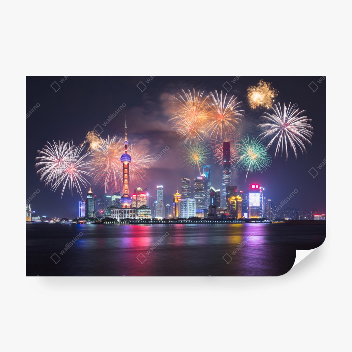 Fototapete Shanghai skyline mit feuerwerk über dem Huangpu – Wallnifity® Fototapete Shanghai skyline mit feuerwerk über dem Huangpu – Wallnifity®