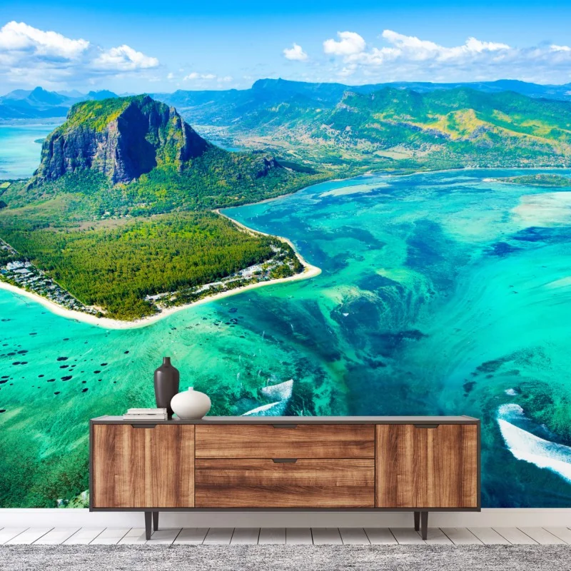 Fototapete türkisfarbene lagune aus der luft, Mauritius