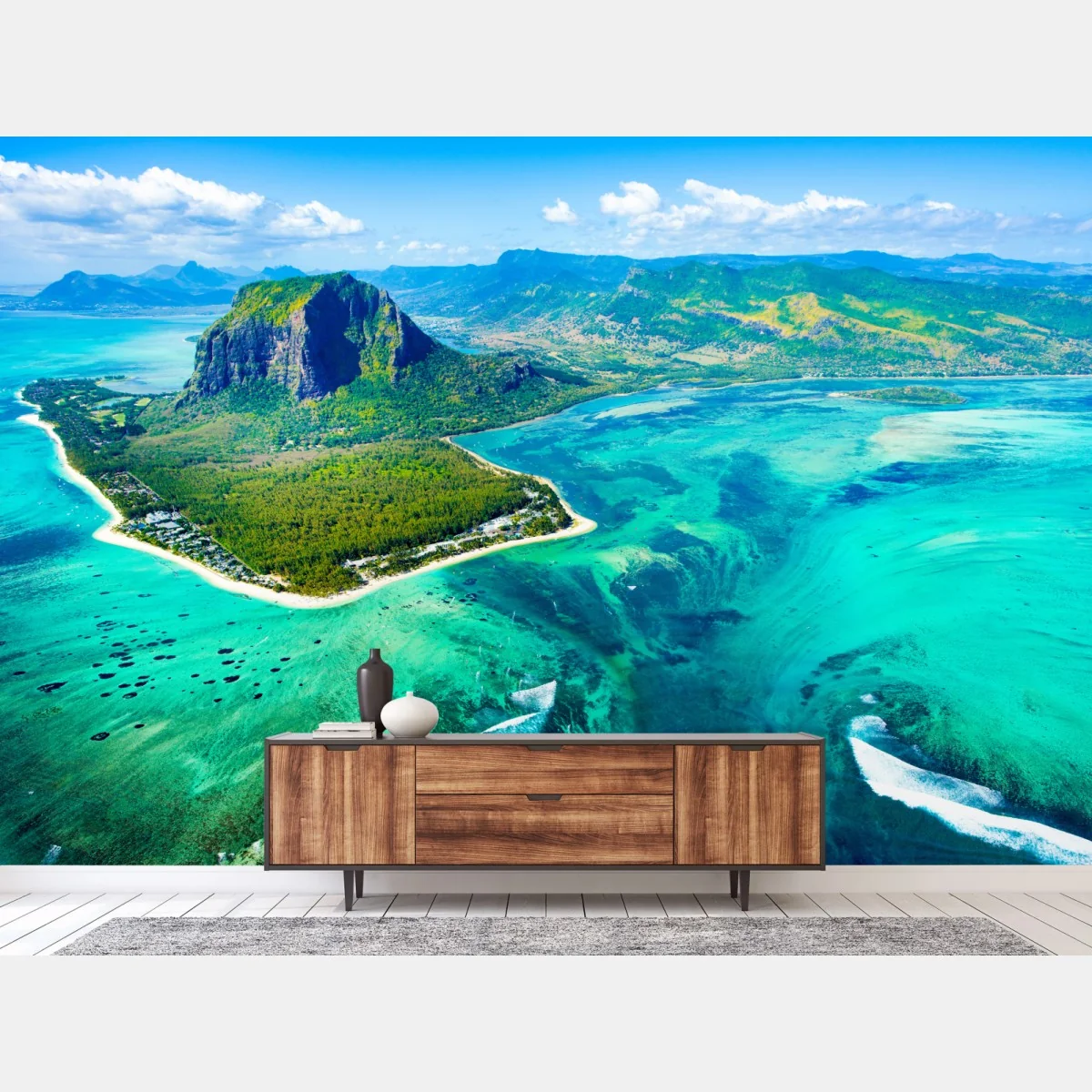 Fototapete türkisfarbene lagune aus der luft, Mauritius – Wallnifity® Fototapete türkisfarbene lagune aus der luft, Mauritius – Wallnifity®