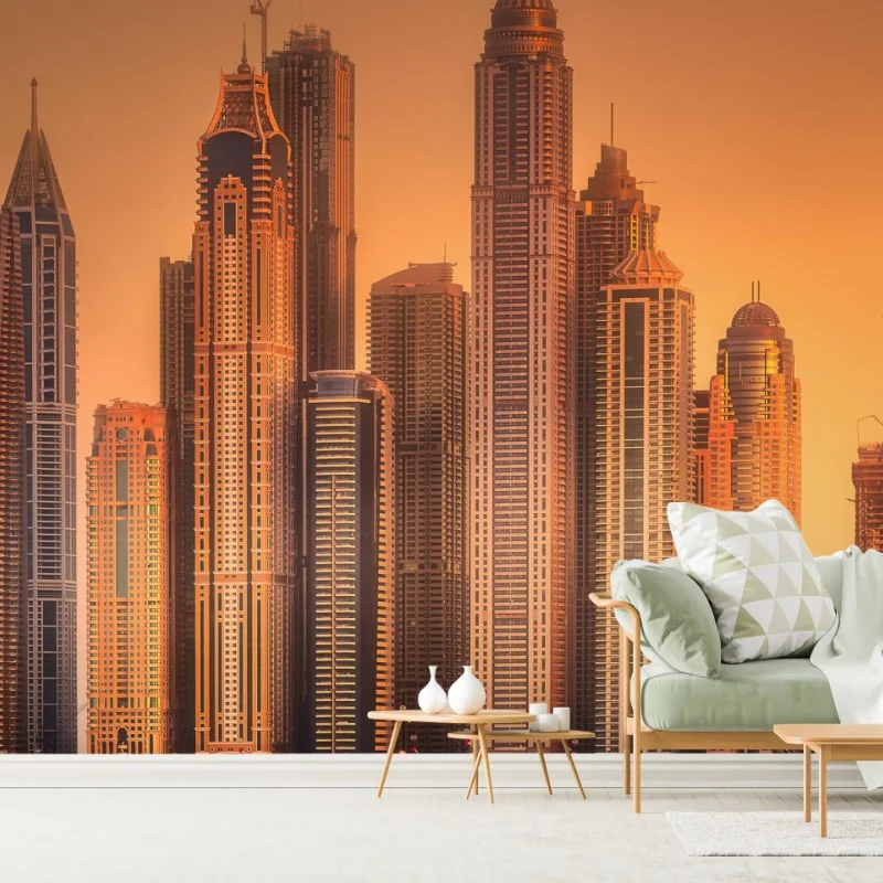 Fototapete Dubai skyline im goldenen licht – Wallnifity® Fototapete Dubai skyline im goldenen licht – Wallnifity®