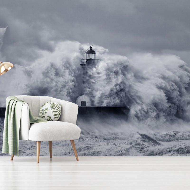 Fototapete leuchtturm von mächtigen wellen umgeben