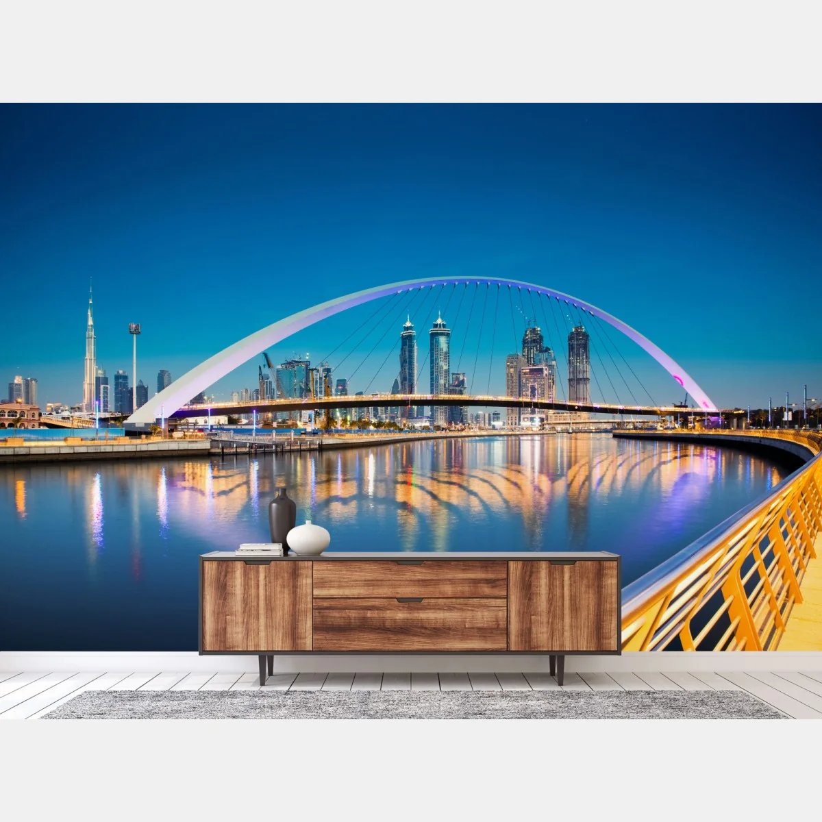 Fototapete Dubai skyline bei nacht mit beleuchteter brücke – Wallnifity® Fototapete Dubai skyline bei nacht mit beleuchteter brücke – Wallnifity®