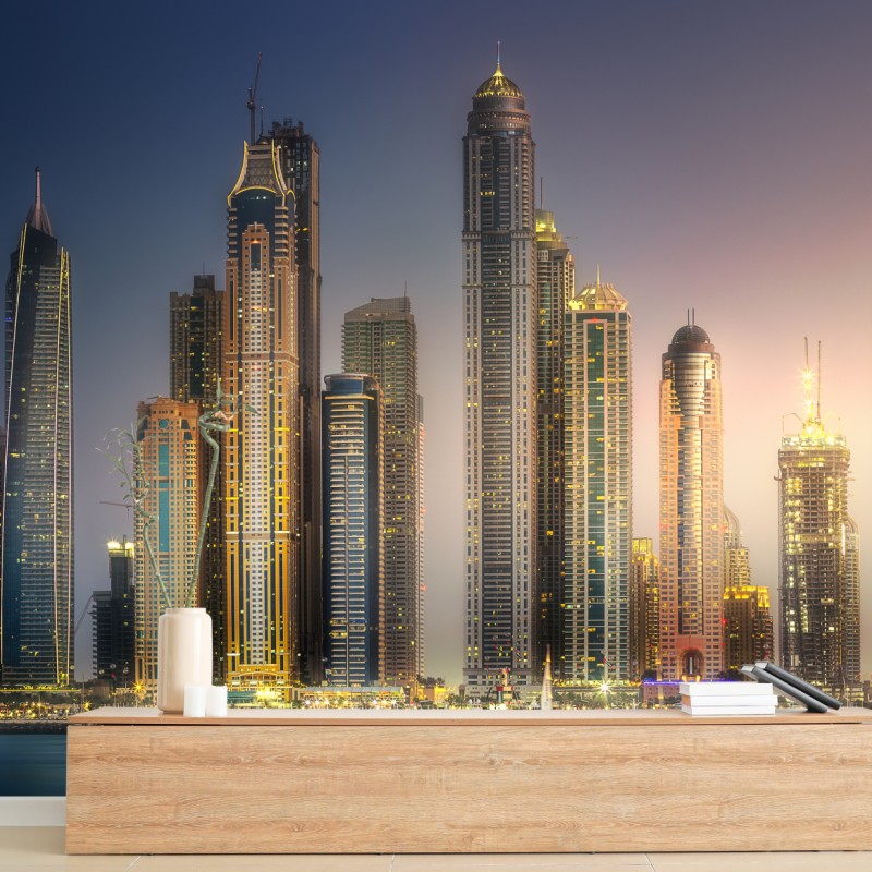 Fototapete goldene stadtansicht bei dämmerung