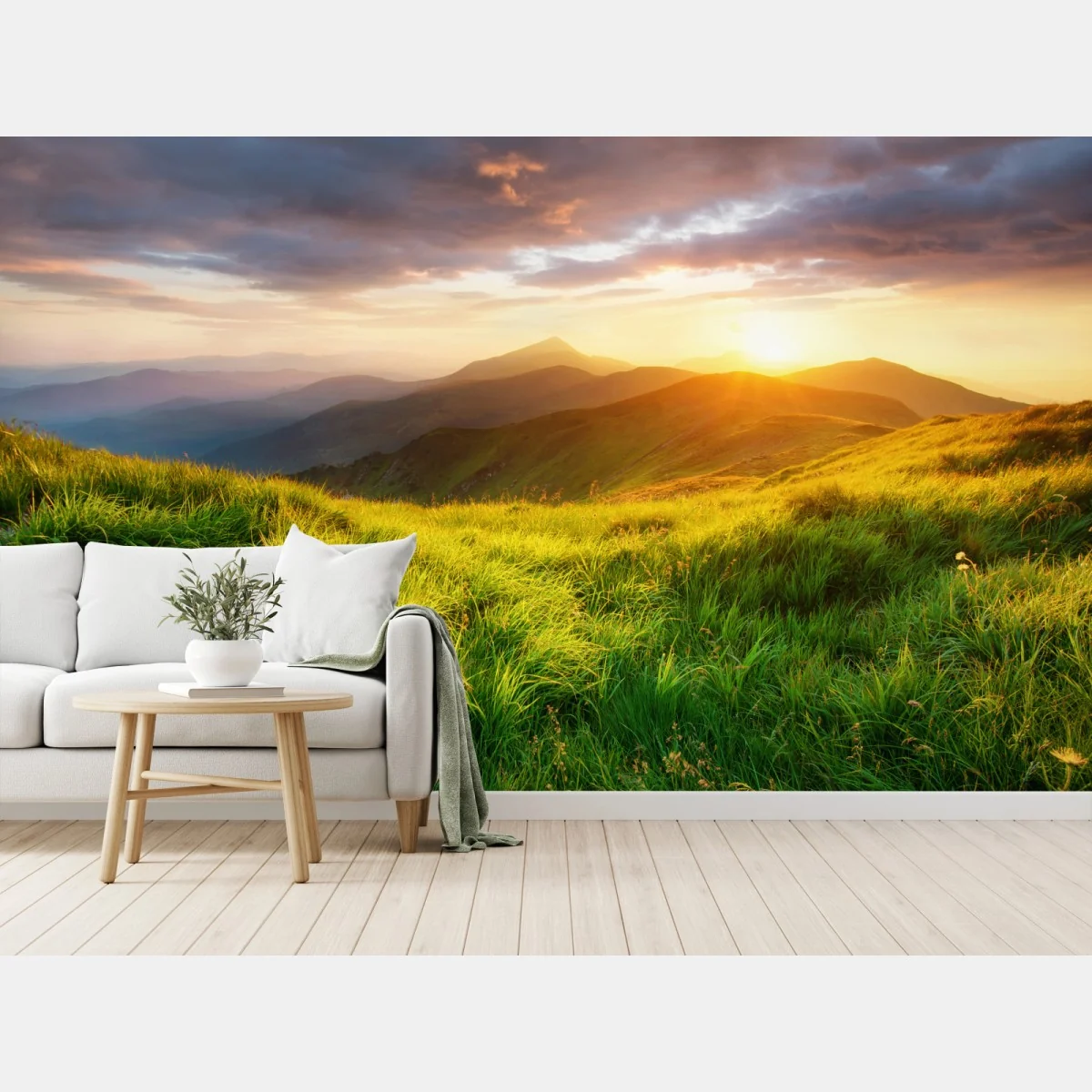 Fototapete sonnige bergwiese bei sonnenaufgang – Wallnifity® Fototapete sonnige bergwiese bei sonnenaufgang – Wallnifity®