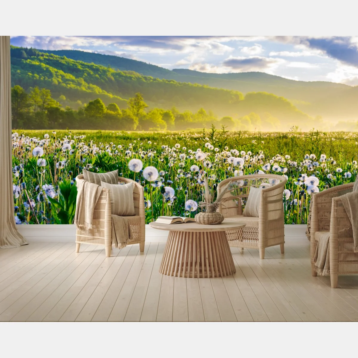Fototapete neblige löwenzahnwiese im sonnenaufgang – Wallnifity® Fototapete neblige löwenzahnwiese im sonnenaufgang – Wallnifity®