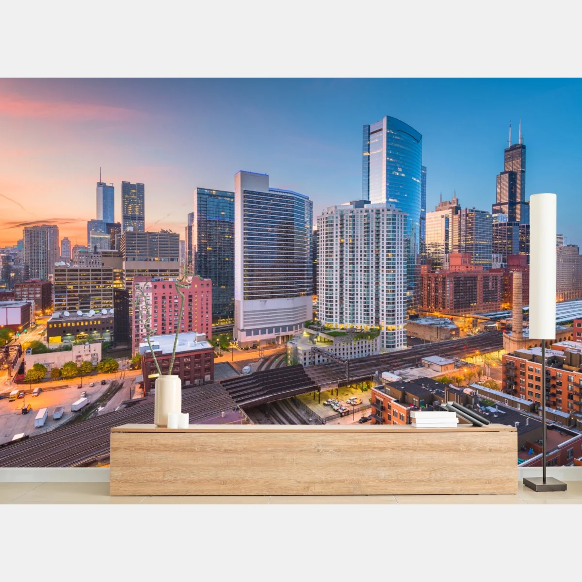 Fototapete Chicago skyline bei dämmerung – Wallnifity®