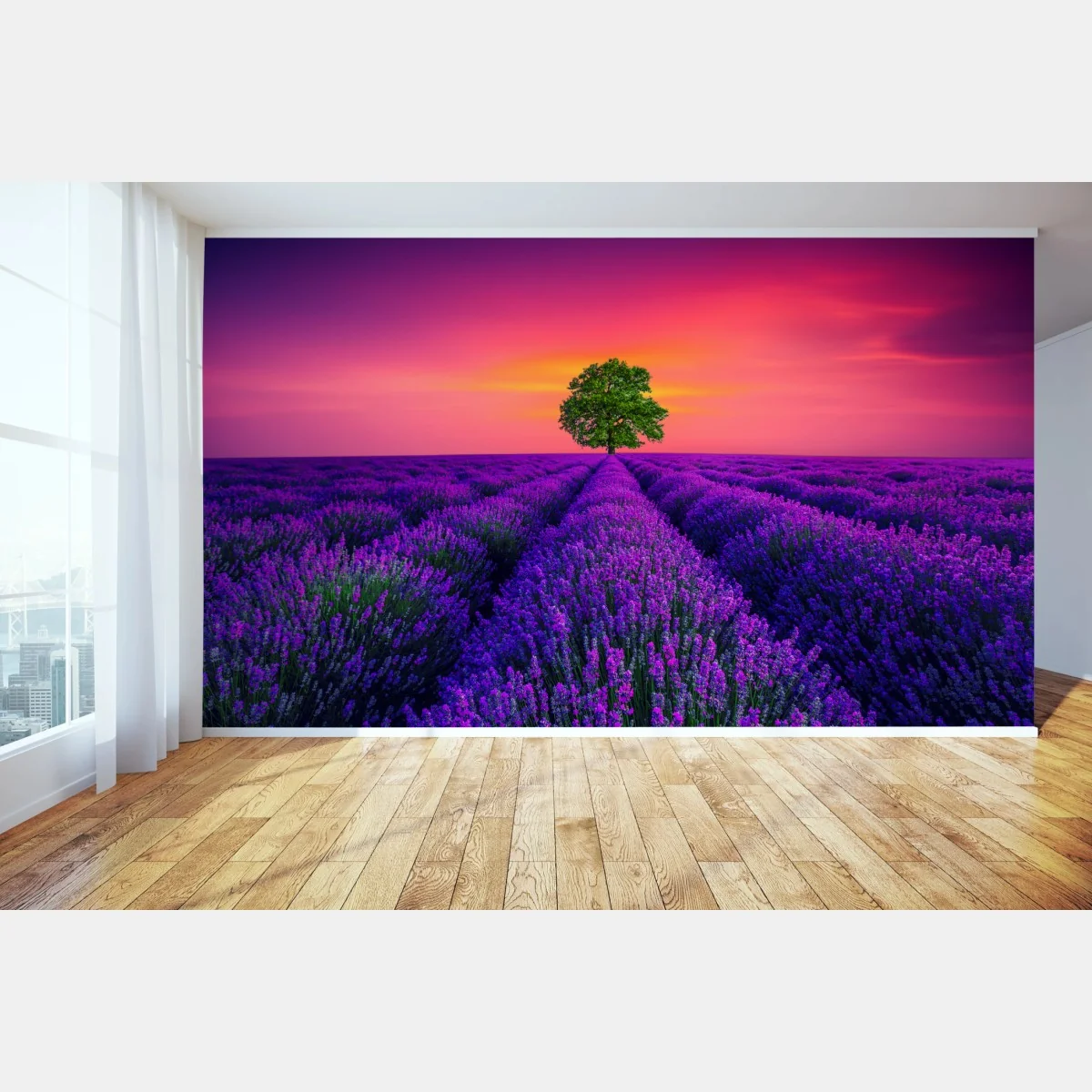 Fototapete lavendelfeld bei sonnenuntergang mit einsamem baum – Wallnifity® Fototapete lavendelfeld bei sonnenuntergang mit einsamem baum – Wallnifity®