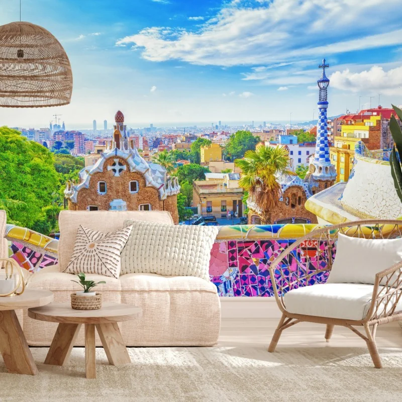Fototapete lebendiges Barcelona Park Güell mosaik panorama – Wallnifity®