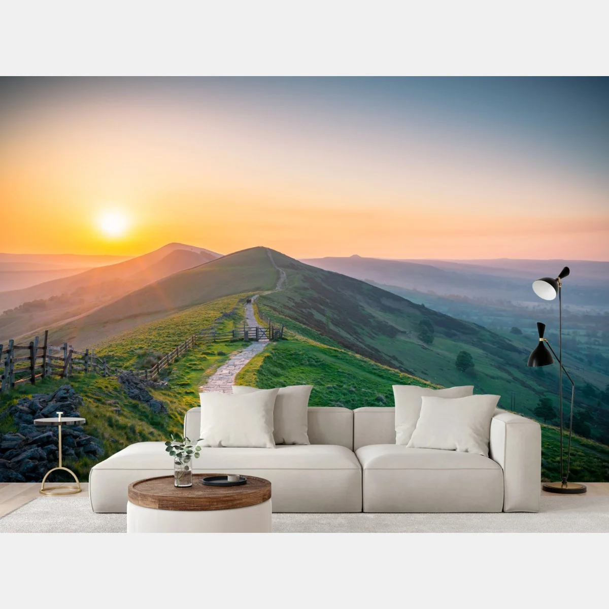 Fototapete sonnenaufgang über grünen hügeln mit steinweg – Wallnifity® Fototapete sonnenaufgang über grünen hügeln mit steinweg – Wallnifity®