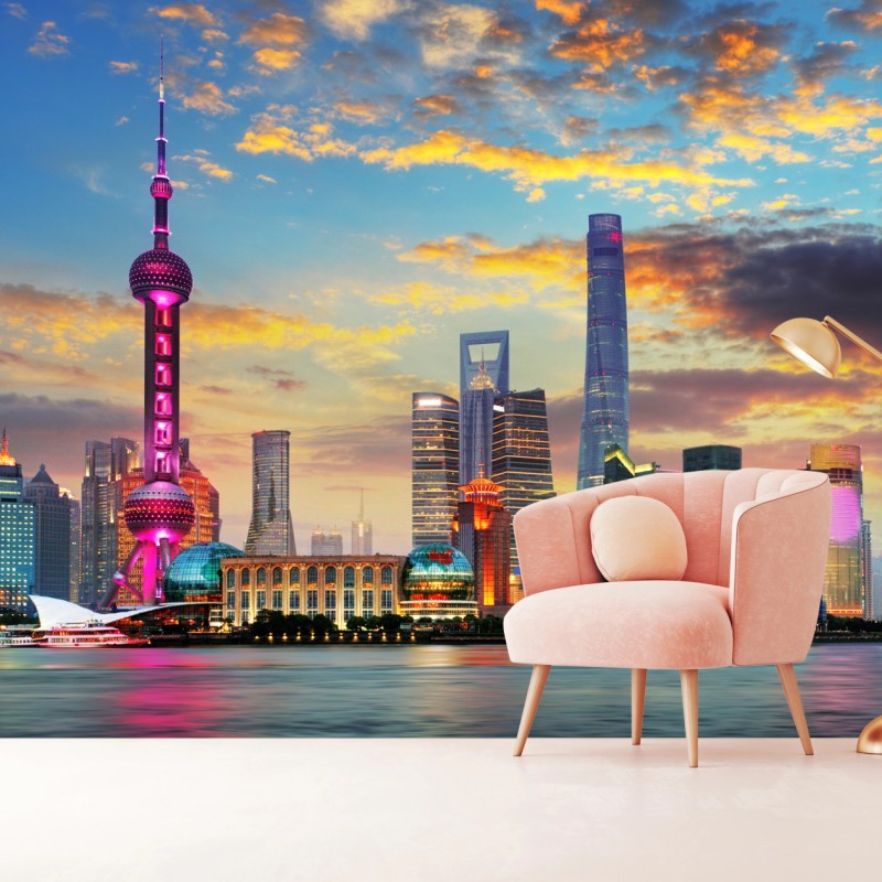 Fototapete Shanghai skyline bei sonnenuntergang – Wallnifity® Fototapete Shanghai skyline bei sonnenuntergang – Wallnifity®