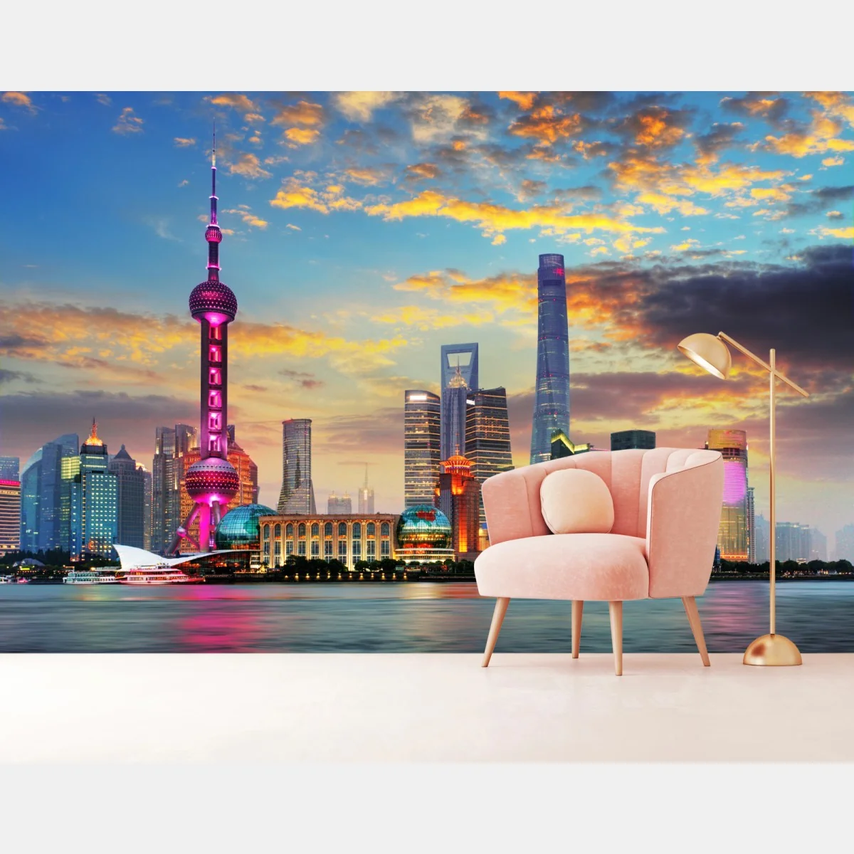 Fototapete Shanghai skyline bei sonnenuntergang – Wallnifity® Fototapete Shanghai skyline bei sonnenuntergang – Wallnifity®