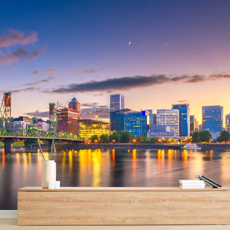 Fototapete Portland skyline in der dämmerung über dem Willamette