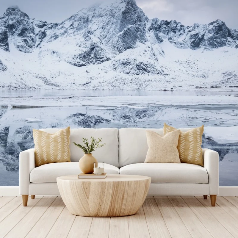 Fototapete verschneite bergspiegelung in Norwegen