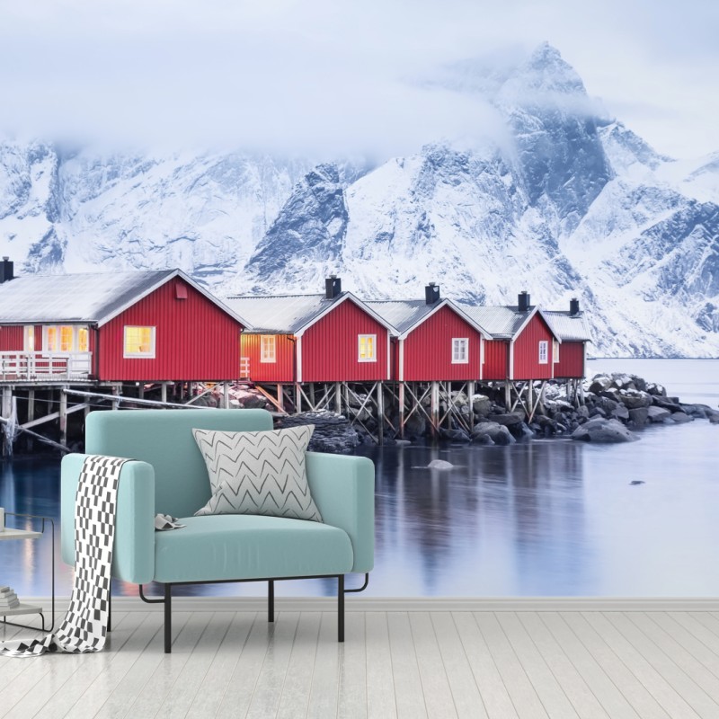 Fototapete sonnenaufgang über den roten hütten der Lofoten