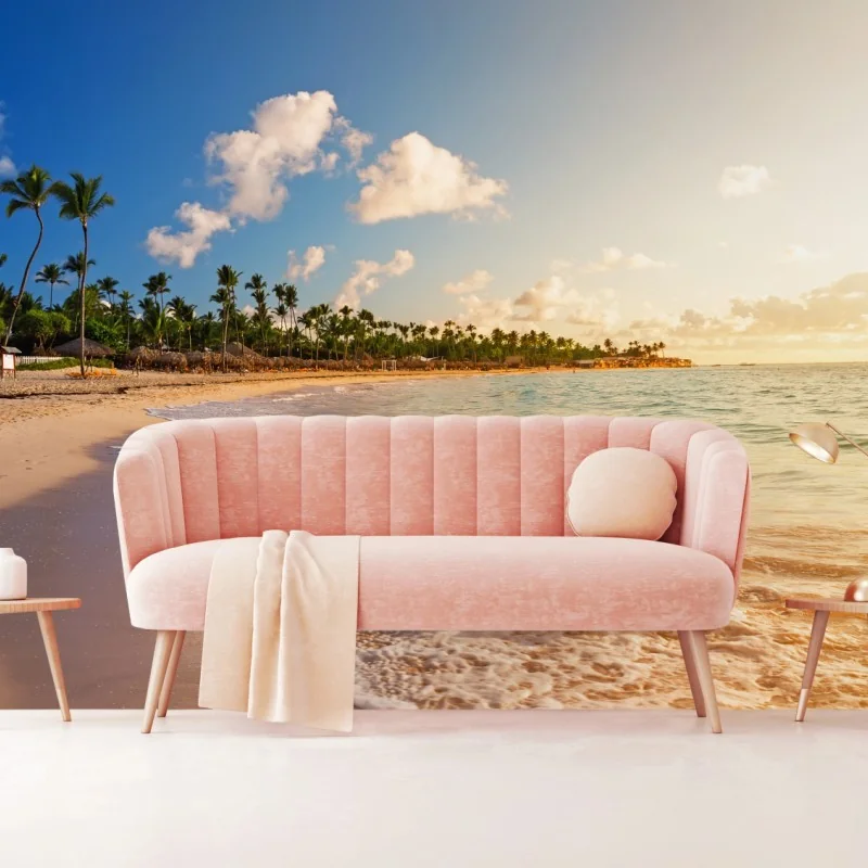 Fototapete tropischer sonnenuntergang am strand mit palmensilhouetten – Wallnifity®