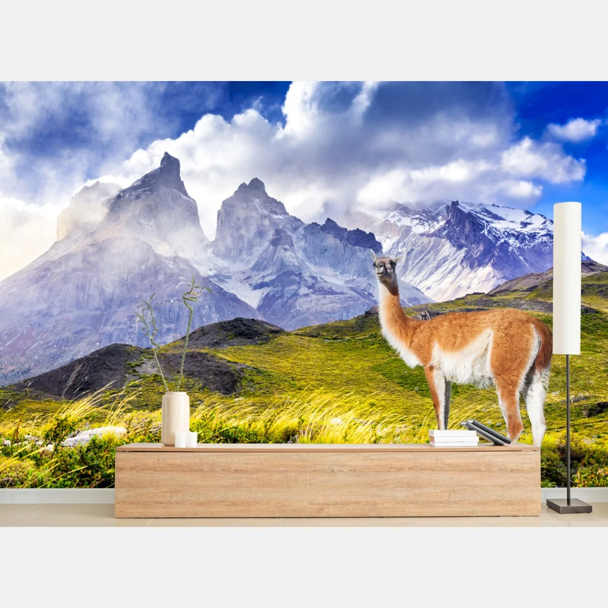 Fototapete Torres del Paine Patagonia landschaft mit guanako – Wallnifity®