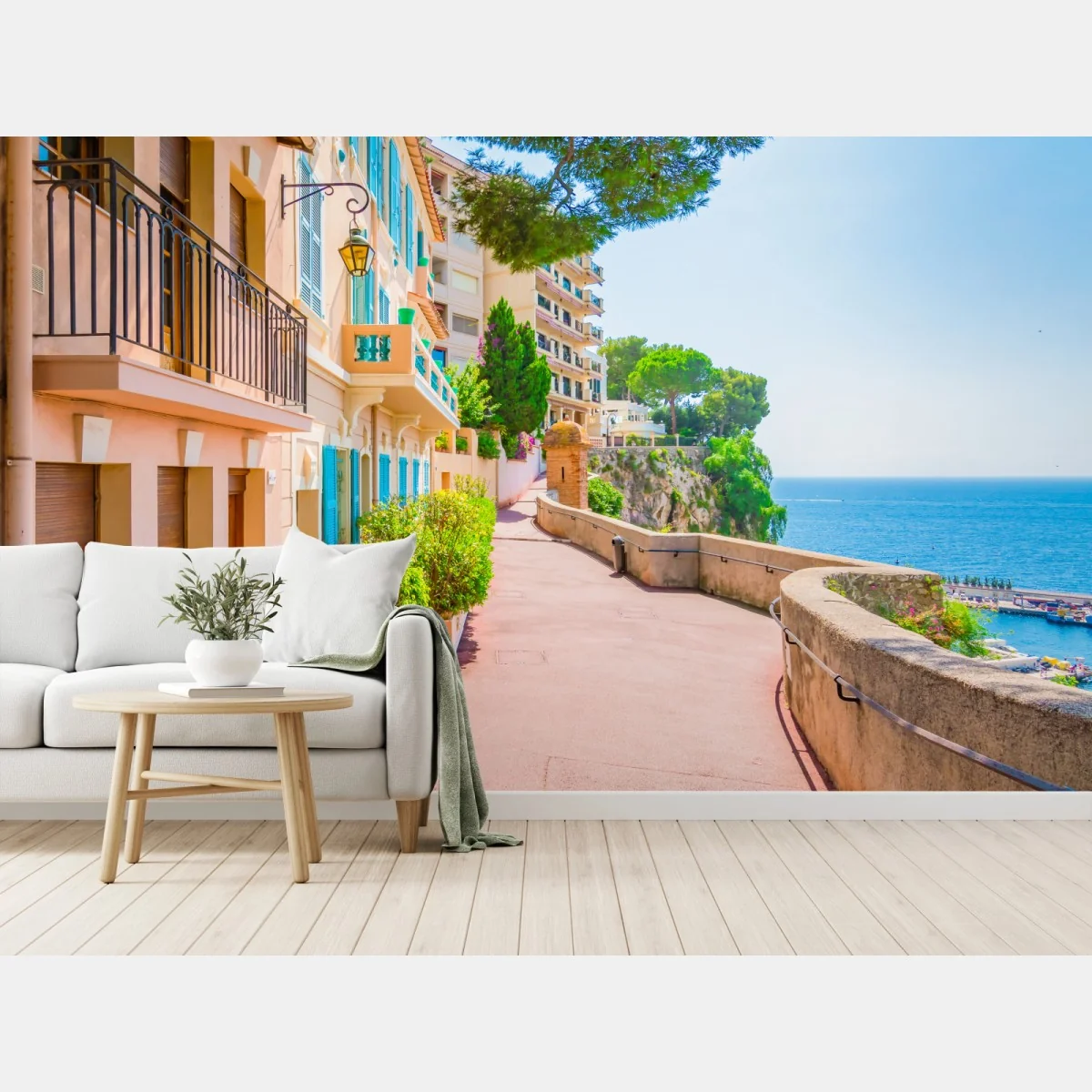 Fototapete mediterrane promenade mit pastellfarbenen häusern – Wallnifity® Fototapete mediterrane promenade mit pastellfarbenen häusern – Wallnifity®