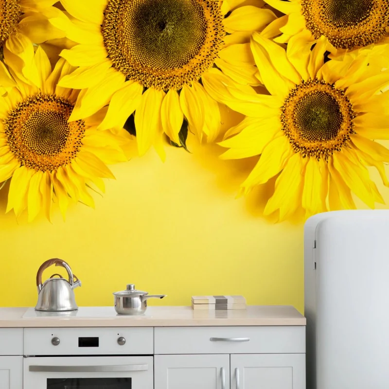 Fototapete leuchtender sonnenblumenstrauß auf gelbem hintergrund