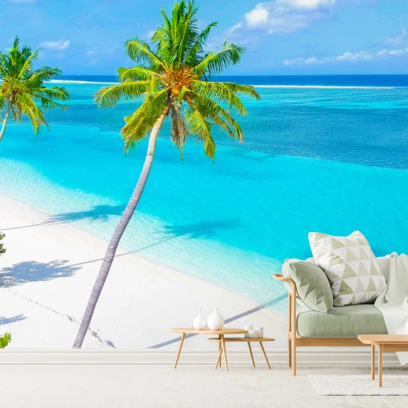 Fototapete tropischer türkisfarbener strand mit palmen – Wallnifity® Fototapete tropischer türkisfarbener strand mit palmen – Wallnifity®