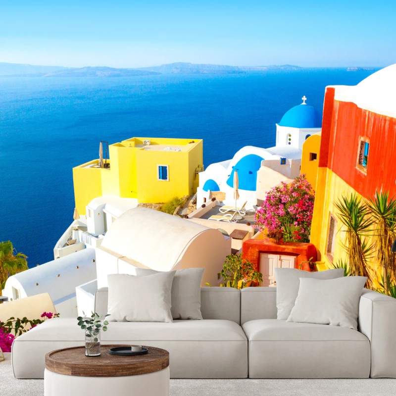 Fototapete sonniges Santorini küstendorf