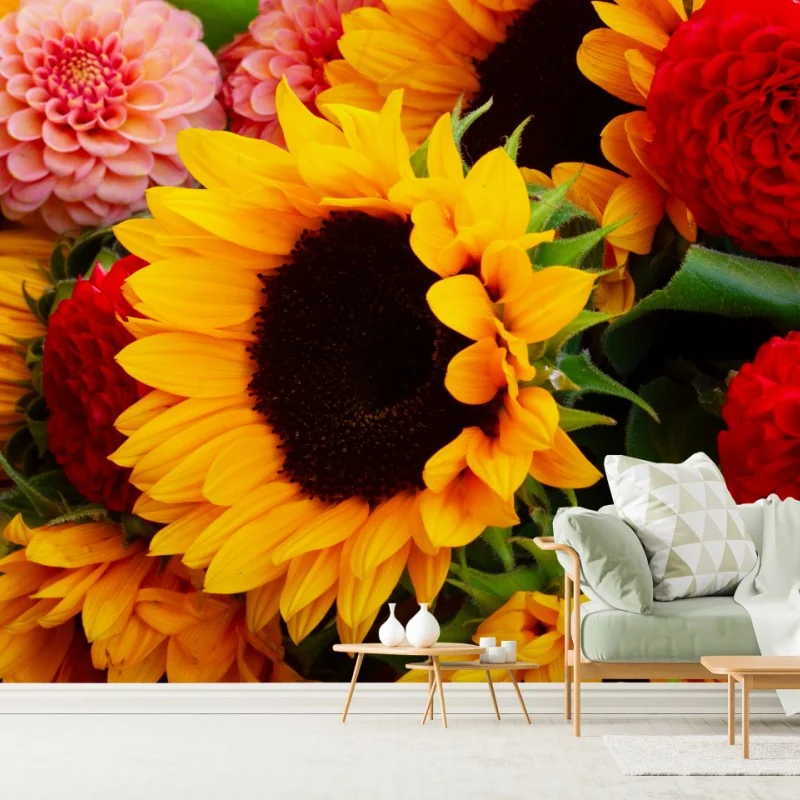 Fototapete nahaufnahme sonnenblumen- und dahlienstrauß