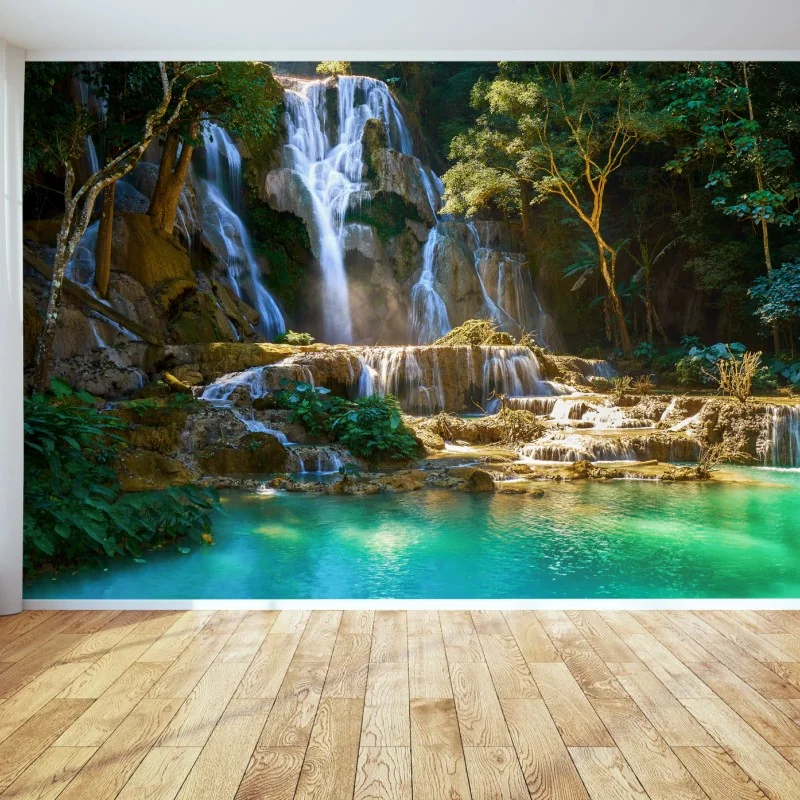 Fototapete türkisfarbener wasserfall im üppigen wald – Wallnifity® Fototapete türkisfarbener wasserfall im üppigen wald – Wallnifity®