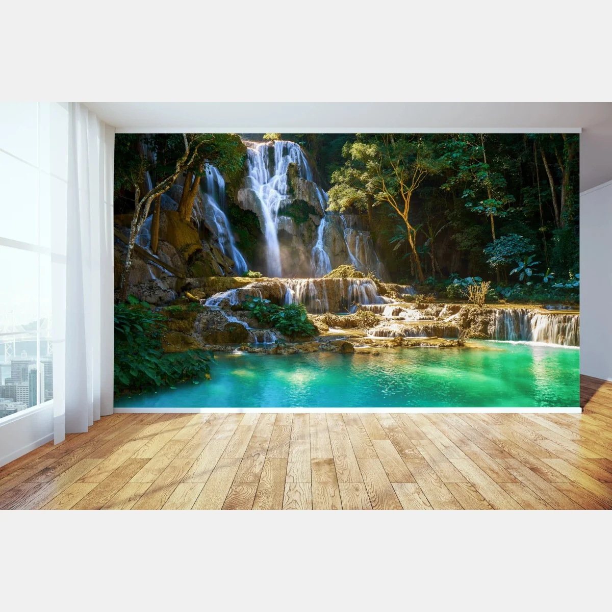 Fototapete türkisfarbener wasserfall im üppigen wald – Wallnifity® Fototapete türkisfarbener wasserfall im üppigen wald – Wallnifity®