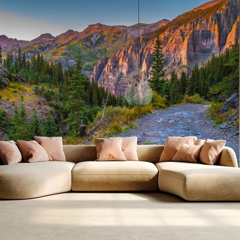 Fototapete alpiner wanderweg im sonnenuntergang