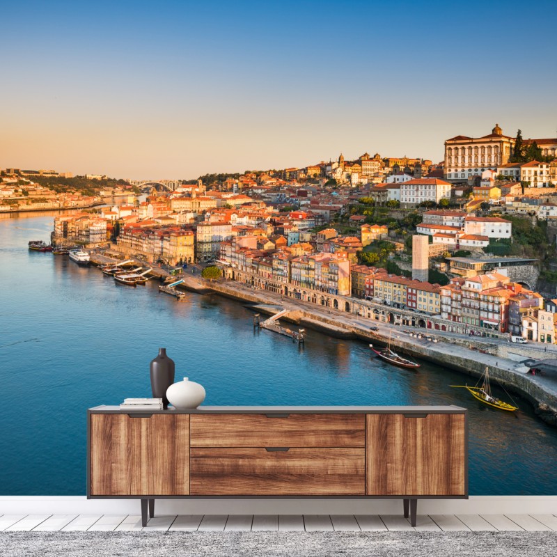 Fototapete sonnige Porto ufer-skyline im goldenen licht – Wallnifity® Fototapete sonnige Porto ufer-skyline im goldenen licht – Wallnifity®