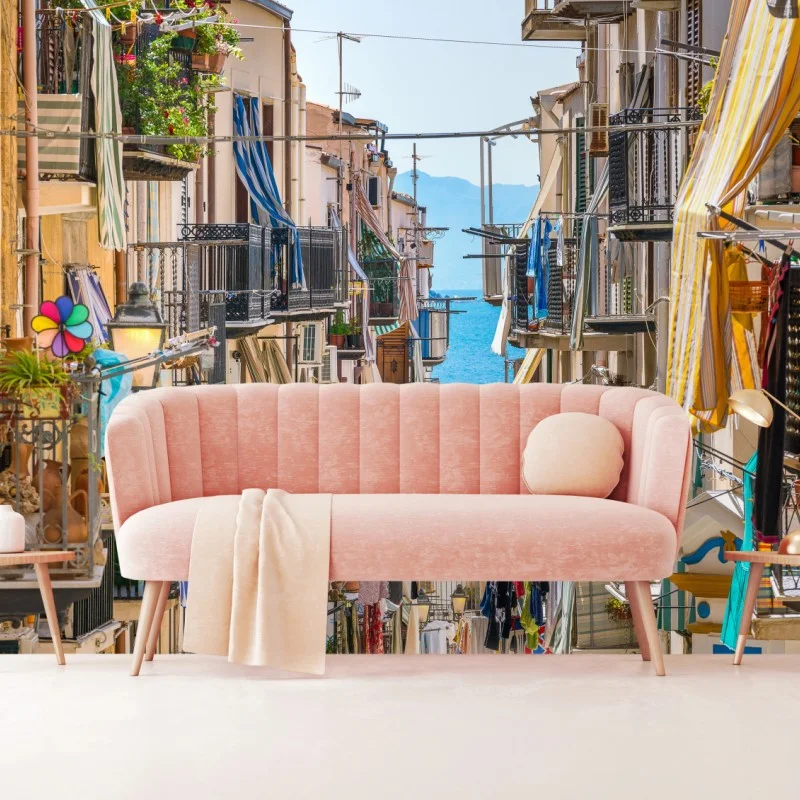 Fototapete sonnige gasse mit meerblick und balkonen