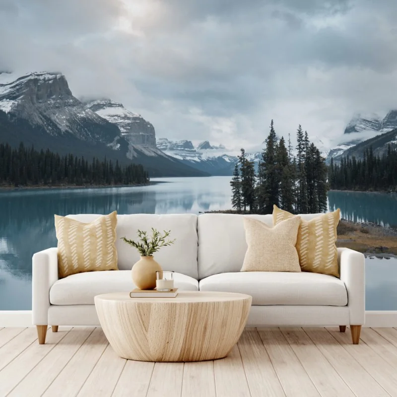 Fototapete ruhiger alpensee mit insel und kajak – Wallnifity® Fototapete ruhiger alpensee mit insel und kajak – Wallnifity®