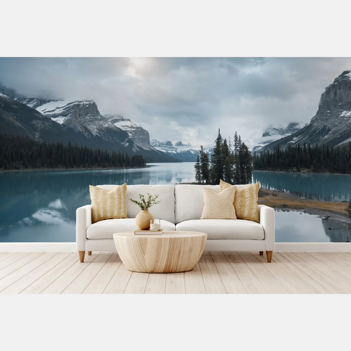 Fototapete ruhiger alpensee mit insel und kajak – Wallnifity® Fototapete ruhiger alpensee mit insel und kajak – Wallnifity®