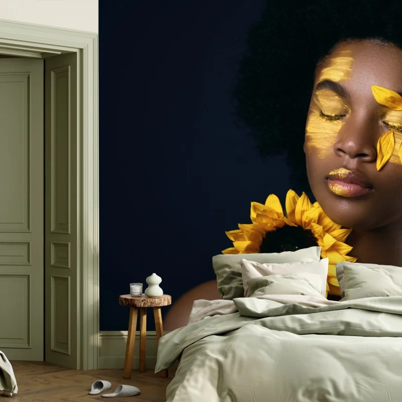 Fototapete sonnenblumen muse: florales gesichtsporträt – Wallnifity® Fototapete sonnenblumen muse: florales gesichtsporträt – Wallnifity®