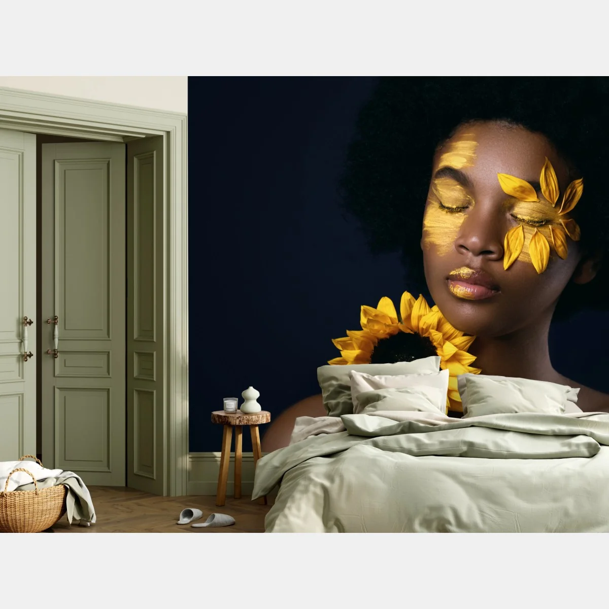 Fototapete sonnenblumen muse: florales gesichtsporträt – Wallnifity® Fototapete sonnenblumen muse: florales gesichtsporträt – Wallnifity®