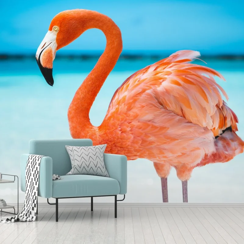Fototapete leuchtender rosa flamingo am türkisfarbenen strand