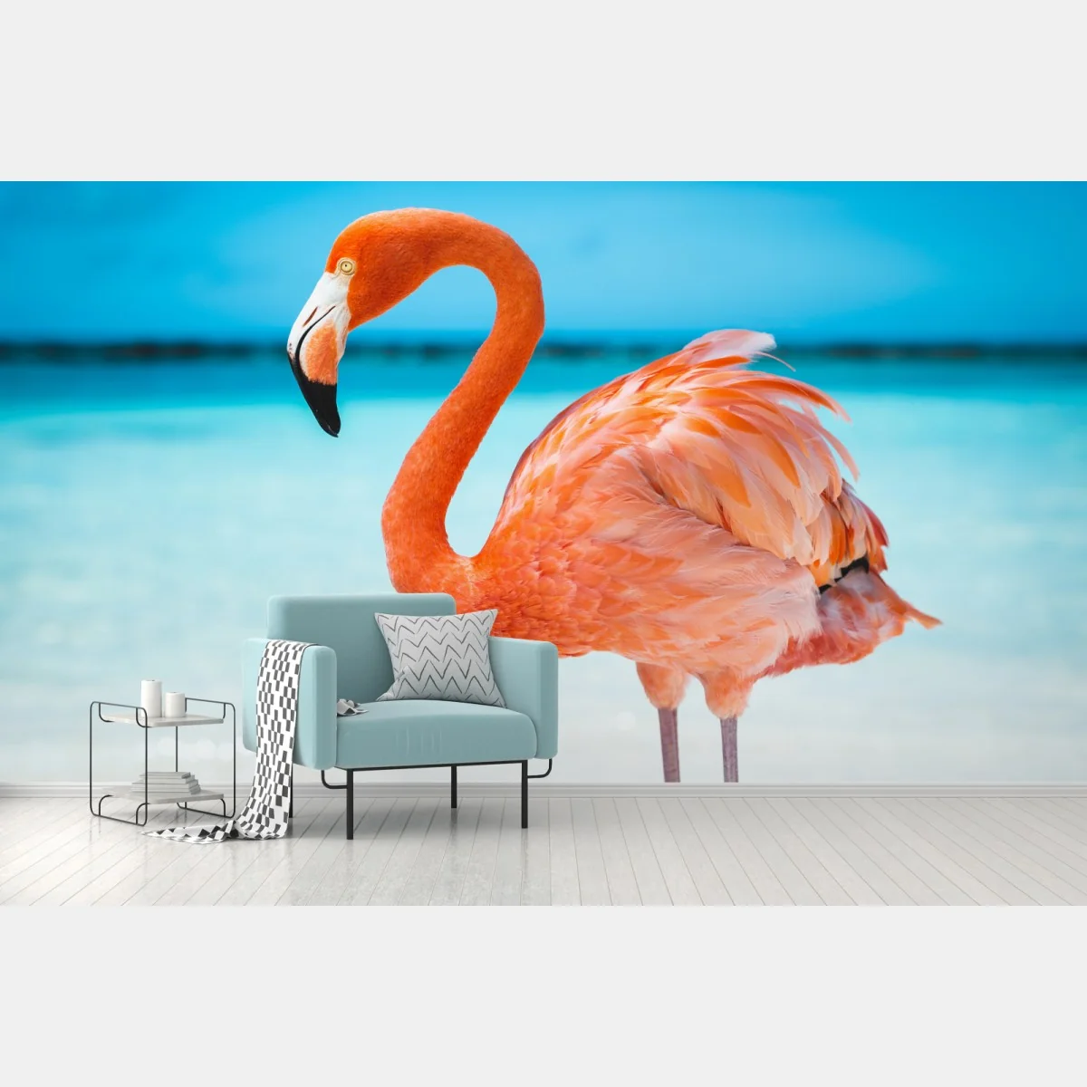 Fototapete leuchtender rosa flamingo am türkisfarbenen strand – Wallnifity®