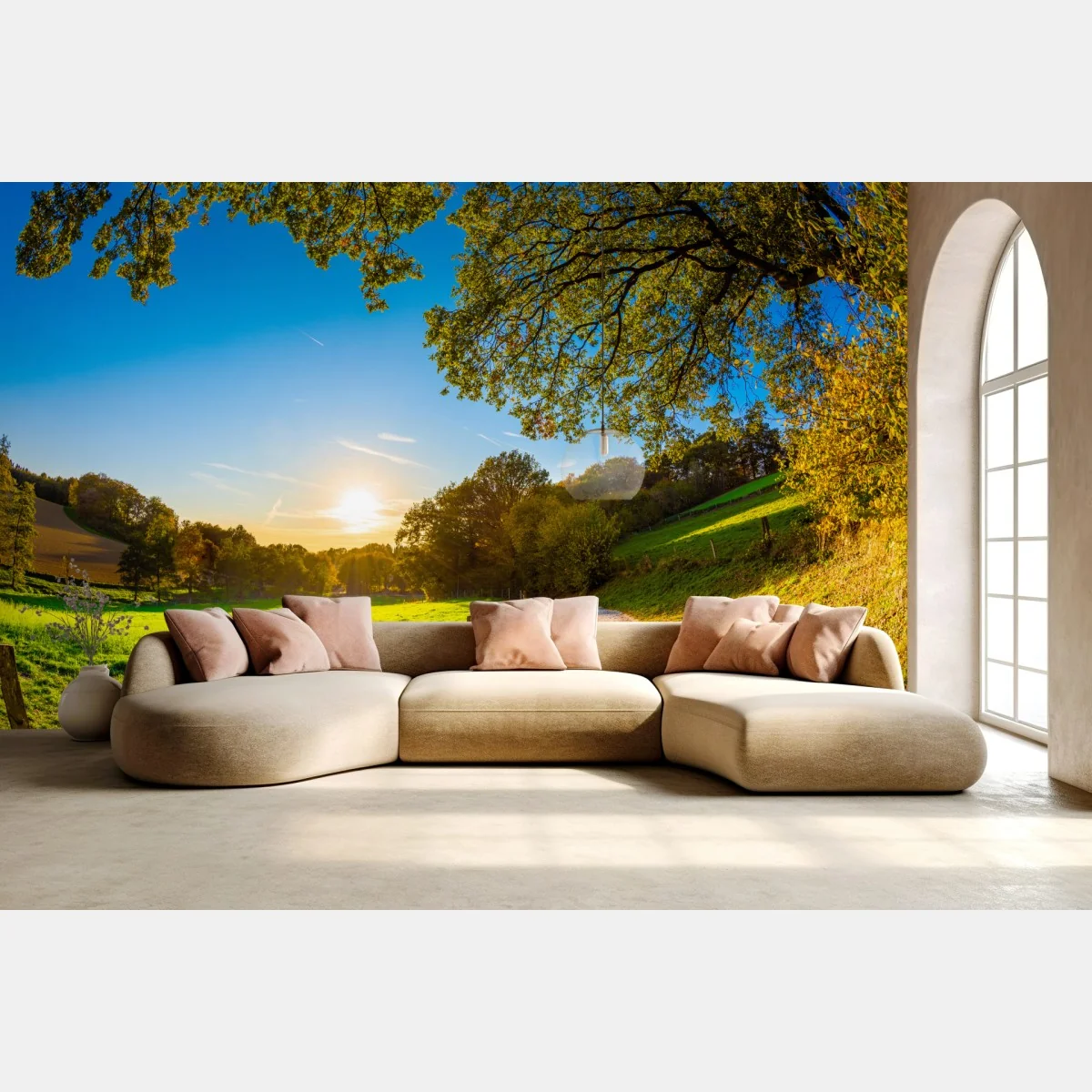 Fototapete sonnenbeschienene wiese mit landweg bei sonnenuntergang – Wallnifity® Fototapete sonnenbeschienene wiese mit landweg bei sonnenuntergang – Wallnifity®